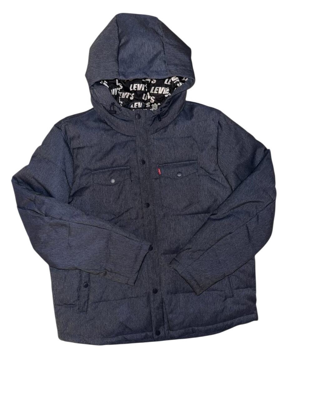 Levis Quilted Hoody Puffer Jacket Heather Navy Blue Winter Coat Full Zip Size XL